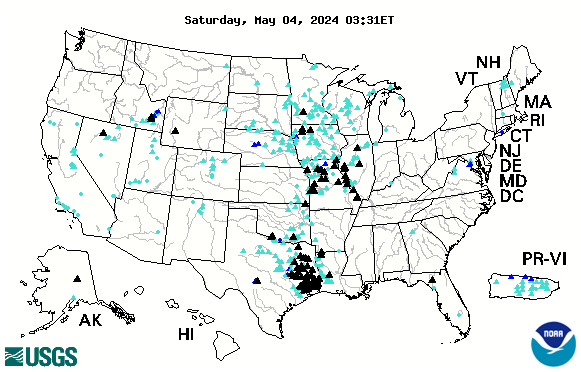 Map of USGS streamgages currently experiencing flood and high-flow streamflow conditions (updated dynamically)
