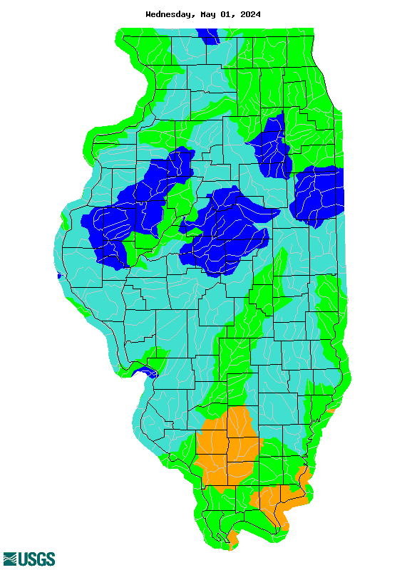Map of 1-day average streamflow from USGS.