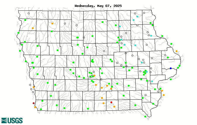 Map of 7-day average streamflow compared to historical streamflow for the day of the year