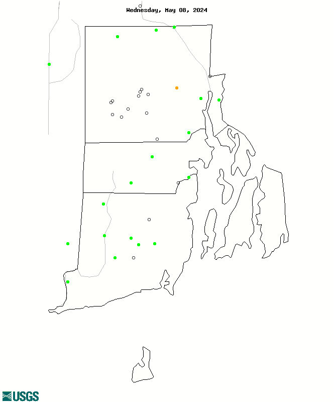 Map of 7-day average streamflow compared to historical streamflow for the day of the year (Rhode Island).
