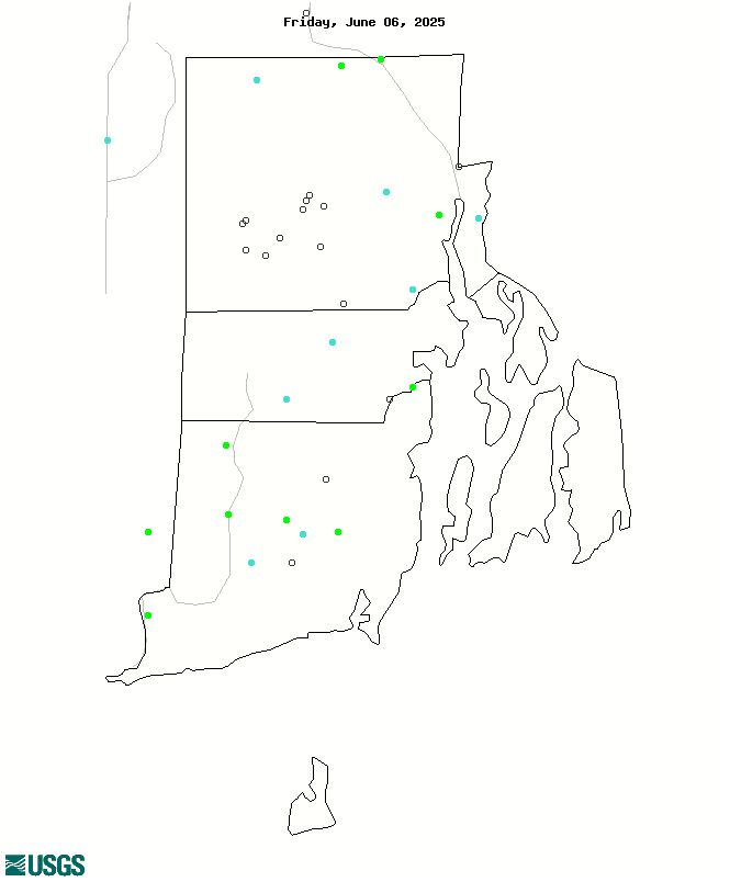 Map of 7-day average streamflow compared to historical streamflow for the day of the year (Rhode Island).