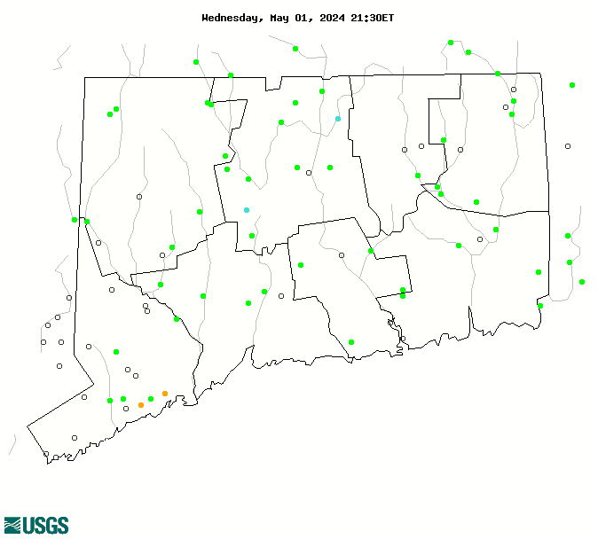 Map of Connecticut real-time streamflow compared to historical streamflow for the day of the year.