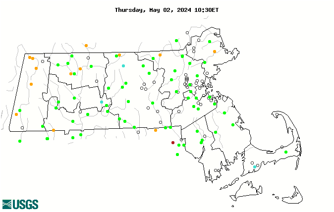 Map of Massachusetts real-time streamflow compared to historical streamflow for the day of the year.