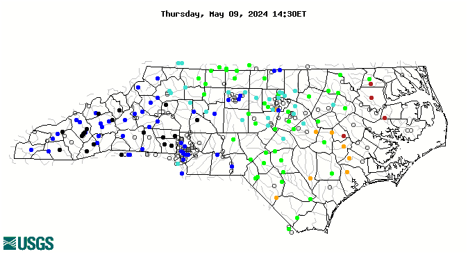 Map of real-time streamflow compared to historical streamflow for the day of the year