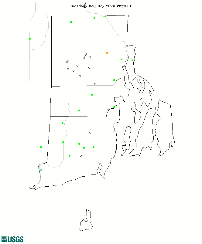 Map of Rhode Island real-time streamflow compared to historical streamflow for the day of the year.
