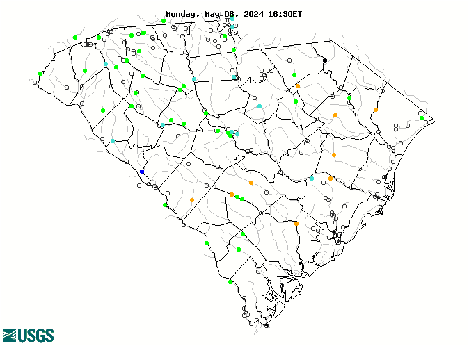 Map of real-time streamflow compared to historical streamflow for the day of the year