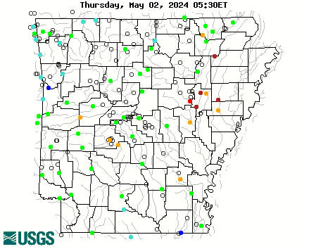 Stream gage levels in Arkansas, relative to 30 year average.