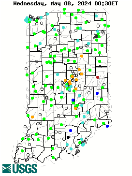 Stream gage levels in Indiana, relative to 30 year average.