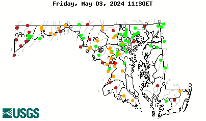 Stream gage levels in Maryland, relative to 30 year average.