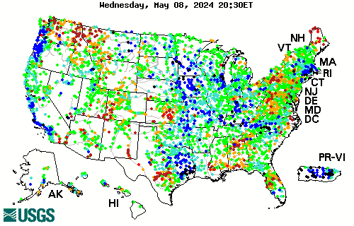 Stream gage levels in The United States, relative to 30 year average.
