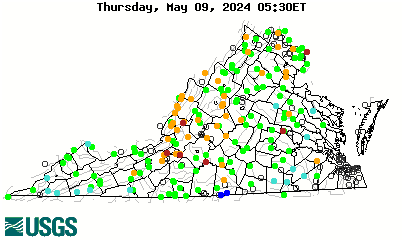 Stream gage levels in Virginia, relative to 30 year average.