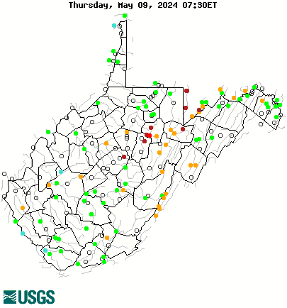 Stream gage levels in West Virginia, relative to 30 year average.