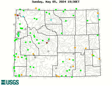 Stream gage levels in Wyoming, relative to 30 year average.