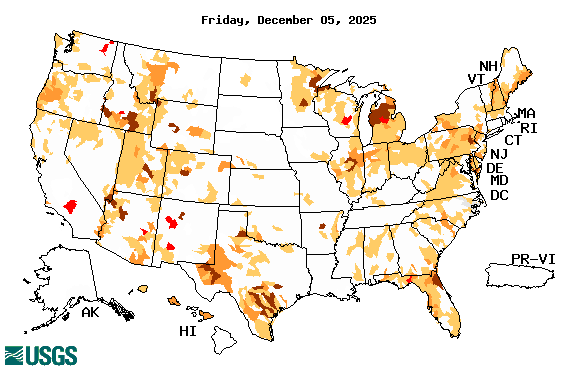 below normal 7-day average streamflow condition map
