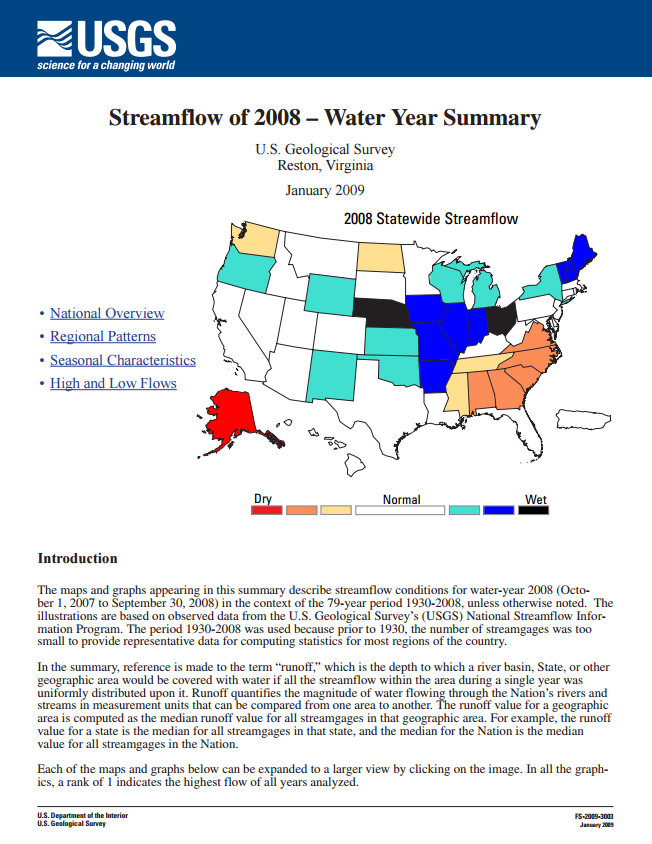 Streamflow -- Water Year 2008