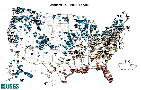 Map of the United States, showing which states provide real-time computed water-quality data